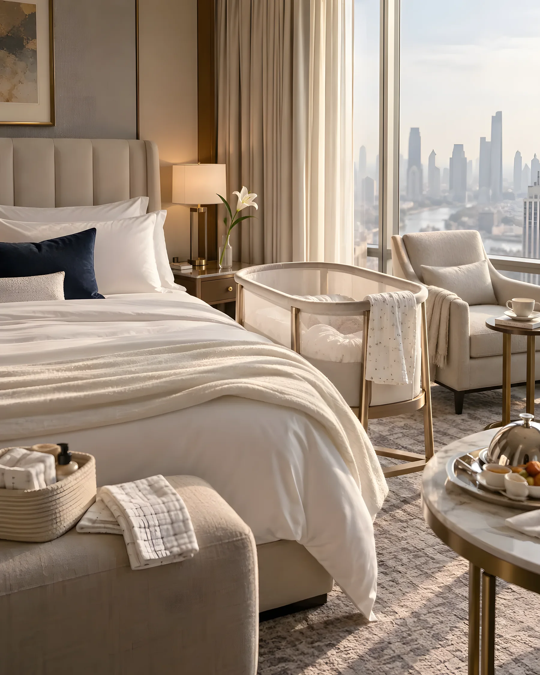 A prepared hotel suite with an ivory bed, newborn bassinet and nursing chair