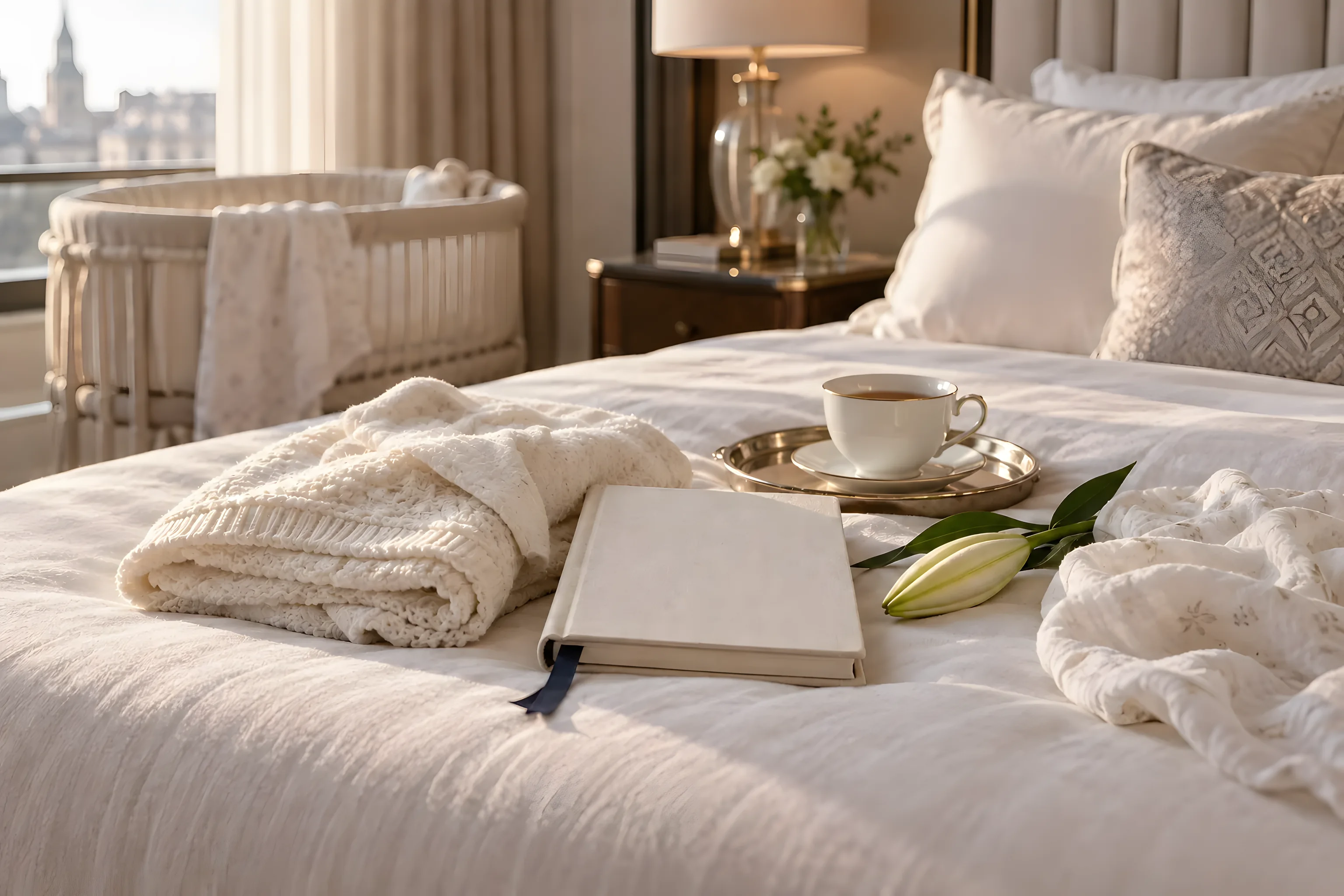 An ivory newborn blanket, care journal, lily bud and tea in a hotel suite
