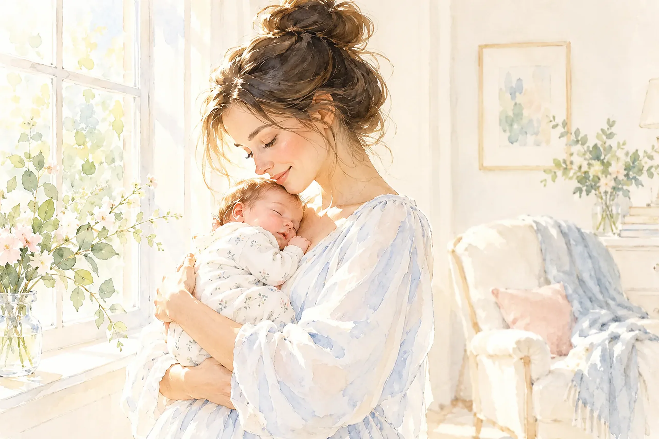 Watercolour of a mother holding her sleeping newborn by a sunlit window