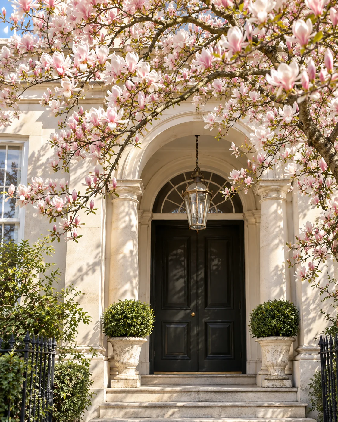 A white stone Georgian doorway with a hanging lantern, framed by a magnolia tree in bloom